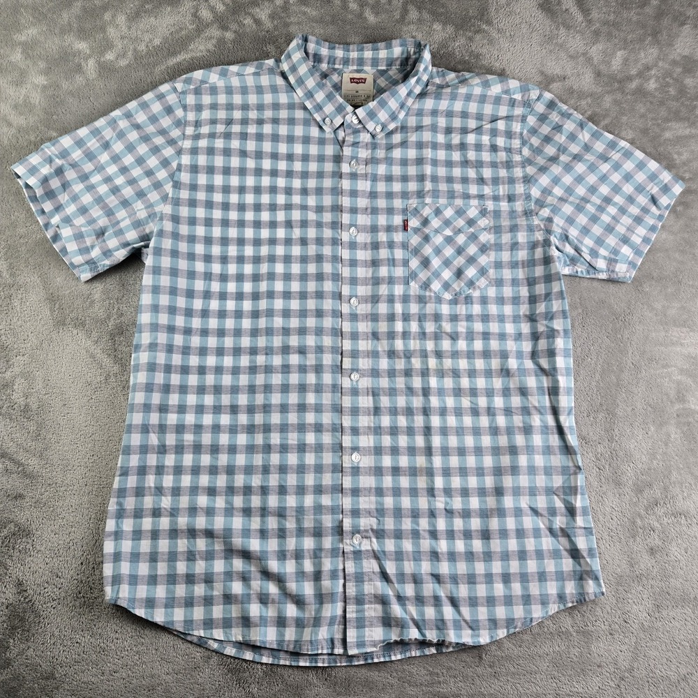 Levis Shirt Mens XXL Green White Checkered Short Sleeve Preppy Smart Read